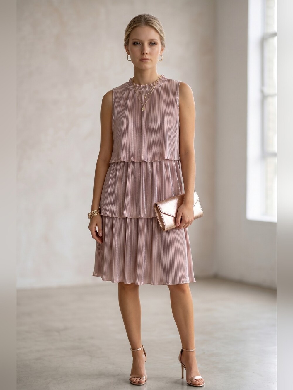 Ro & De Metallic Blush Pink Pleated Tiered Midi Dress Size L Excellent Condition